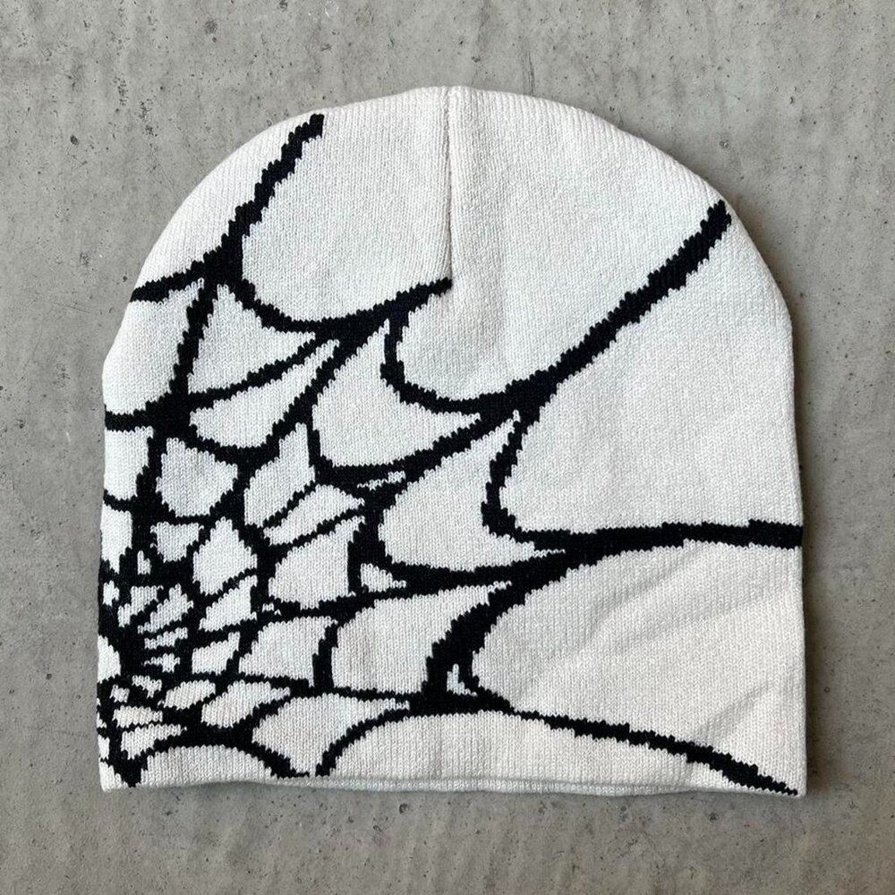 y2k spiderweb cream and black grunge beanie